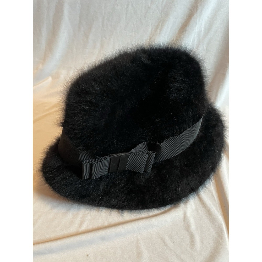 Vintage Kangol RF1317‎ Furgora Black Bow Cloche Hat Made in UK Angora Blend